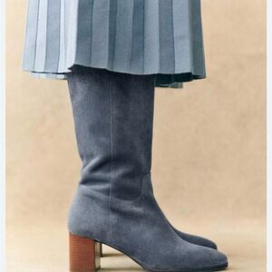 Sezane Adele Blue Suede Knee-High Heeled Boots - Women size 39/8